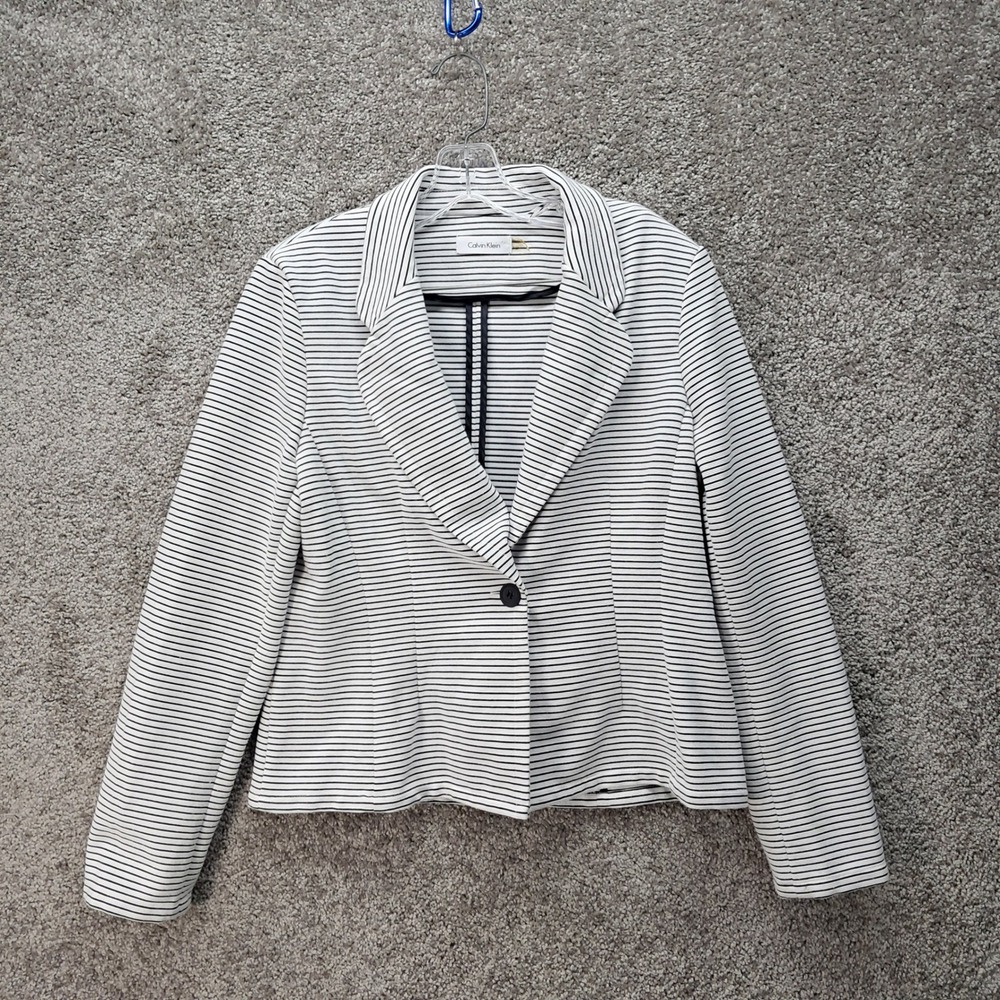 Calvin Klein Womens Black White Striped One Button Knit Blazer Jacket Size 12